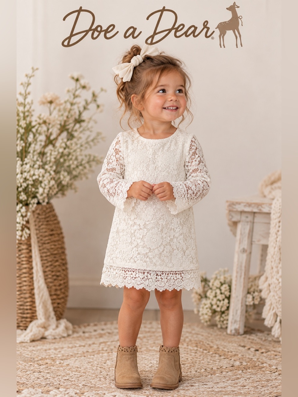 Doe A Dear - 2T Toddler Girls' White Lace Long-Sleeve Dress NWT